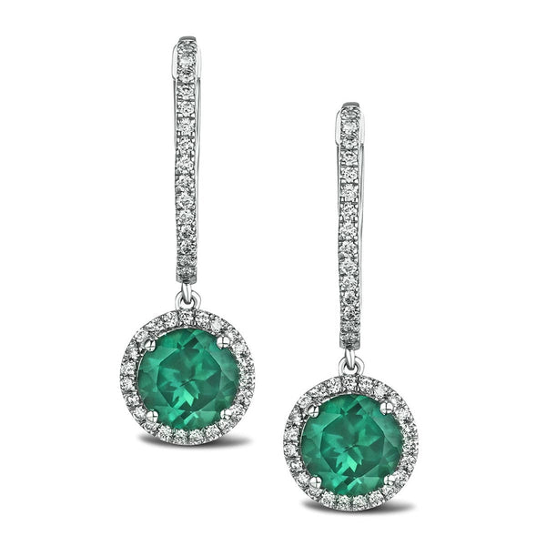 Astra 4.70ct Lab Emerald and Diamond Drop Halo Round Cut Earrings in Silver